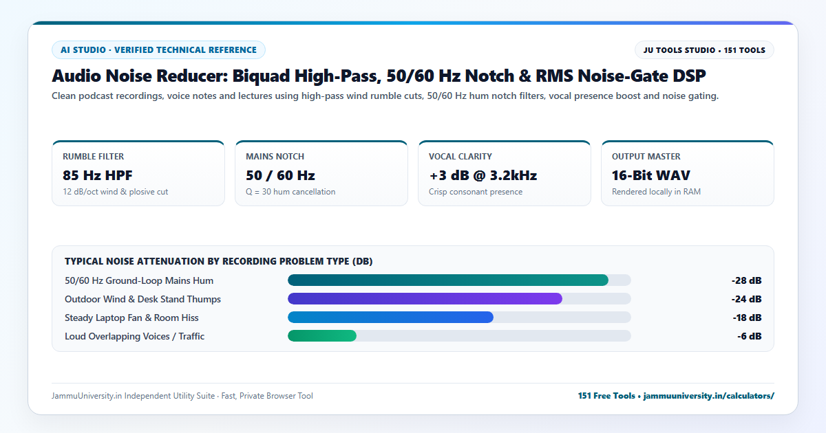 Audio Noise Reducer infographic illustrating remove background noise, clean audio ai, podcast audio editor and vocal isolator benchmarks