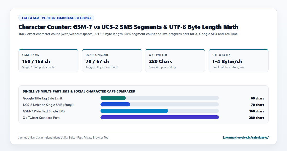 Character Counter infographic illustrating tweet length check, SMS character count, meta description length and limit characters benchmarks