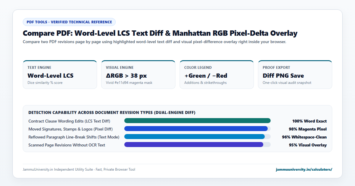 Compare PDF infographic illustrating pdf comparison tool, diff pdf, compare documents and find differences in pdf benchmarks