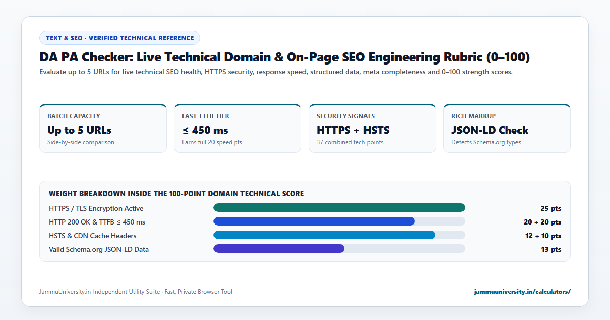DA PA Checker infographic illustrating domain authority check, page authority, moz rank checker and website authority tool benchmarks