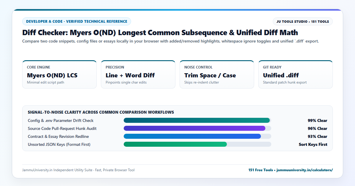 Diff Checker infographic illustrating text compare online, compare two files, diff tool and code difference checker benchmarks