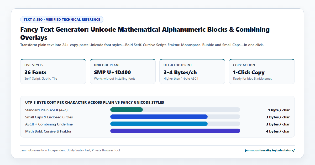 Fancy Text Generator infographic illustrating cool fonts, text decorator, stylish text maker and aesthetic text benchmarks
