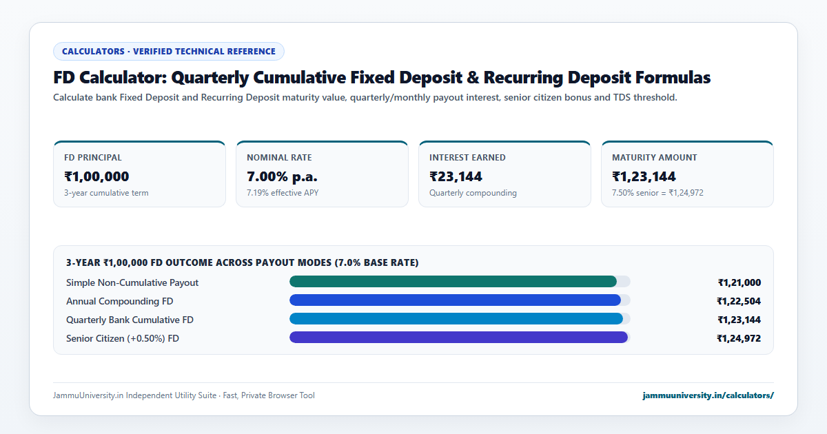 FD Calculator infographic illustrating fixed deposit calculator, FD interest, bank FD rates and term deposit calculator benchmarks