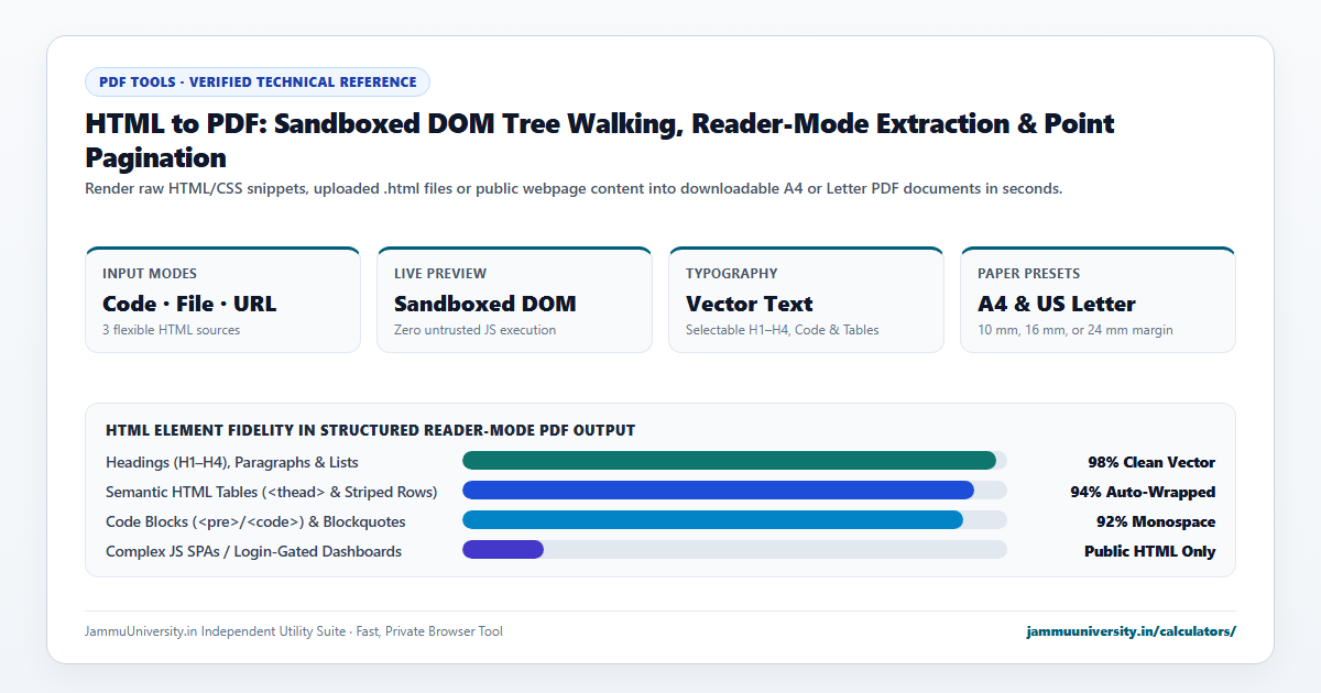 HTML to PDF infographic illustrating convert webpage to pdf, url to pdf, save website as pdf and html converter benchmarks
