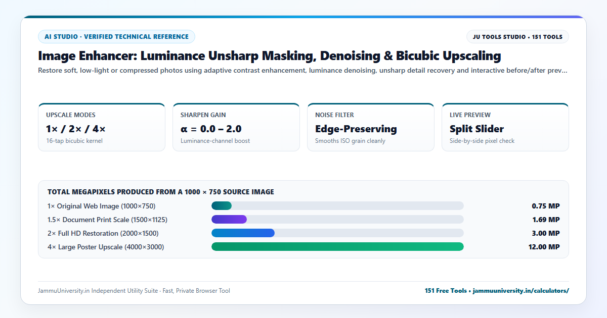 Image Enhancer infographic illustrating ai photo enhancer, fix blurry photo, increase image quality ai and unblur image benchmarks