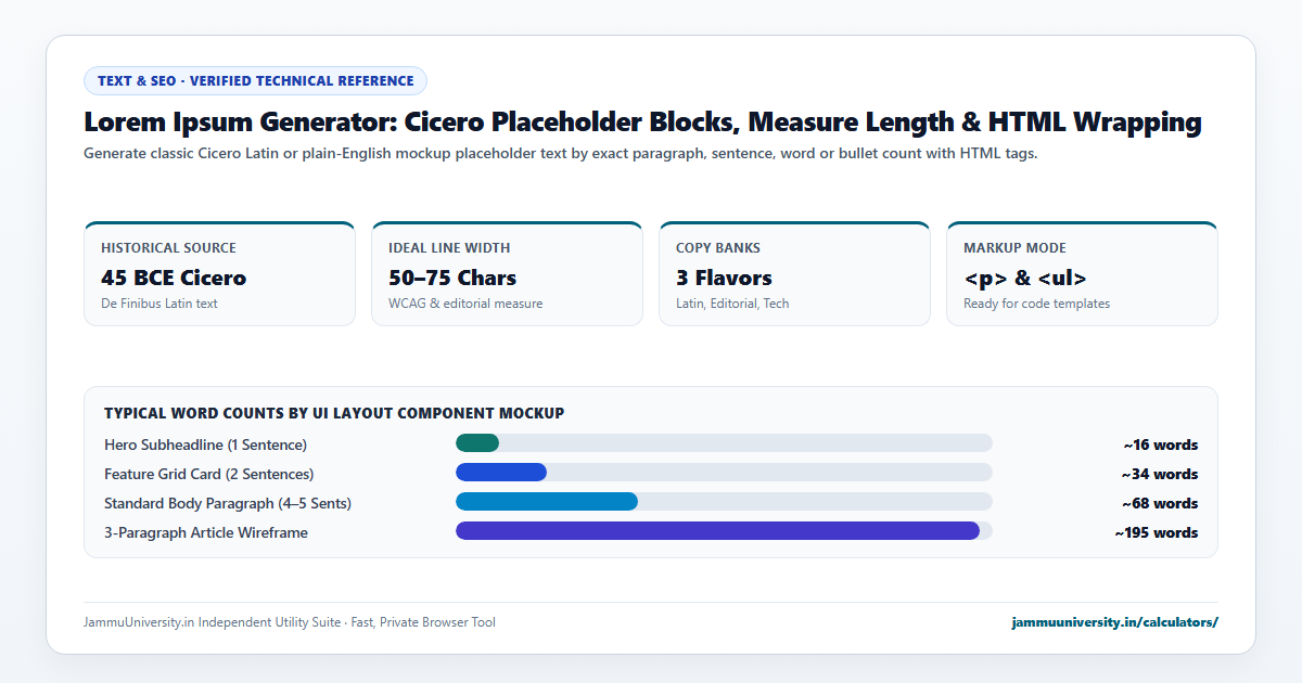 Lorem Ipsum Generator infographic illustrating dummy text, placeholder text, random text generator and graphic design text benchmarks