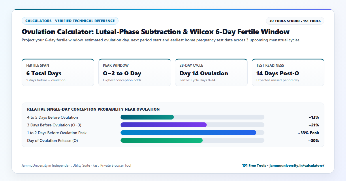 Ovulation Calculator infographic illustrating fertile days, ovulation tracker, safe days calculator and period tracker online benchmarks