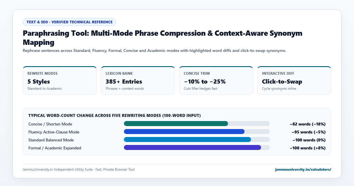 Paraphrasing Tool infographic illustrating rewrite text, article spinner, reword generator and sentence rewriter benchmarks