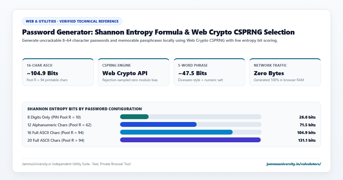 Password Generator infographic illustrating strong password maker, random password, secure password creator and generate random string benchmarks