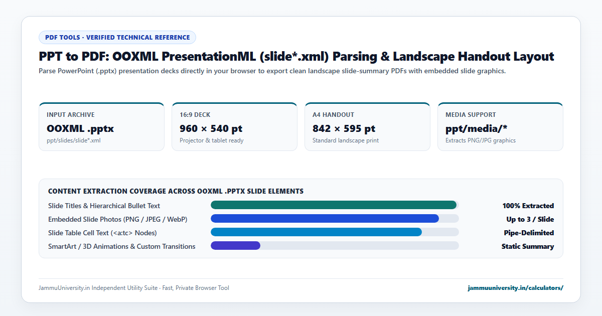 PPT to PDF infographic illustrating convert powerpoint to pdf, pptx to pdf, save slides as pdf and presentation to document benchmarks