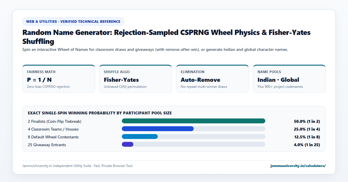 Random Name Generator infographic illustrating wheel of names, random picker, lucky draw online and pick a random name benchmarks