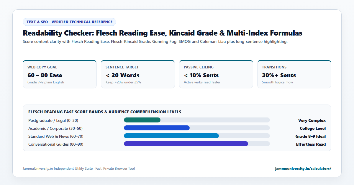 Readability Checker infographic illustrating flesch kincaid score, reading level check, content readability and reading ease calculator benchmarks