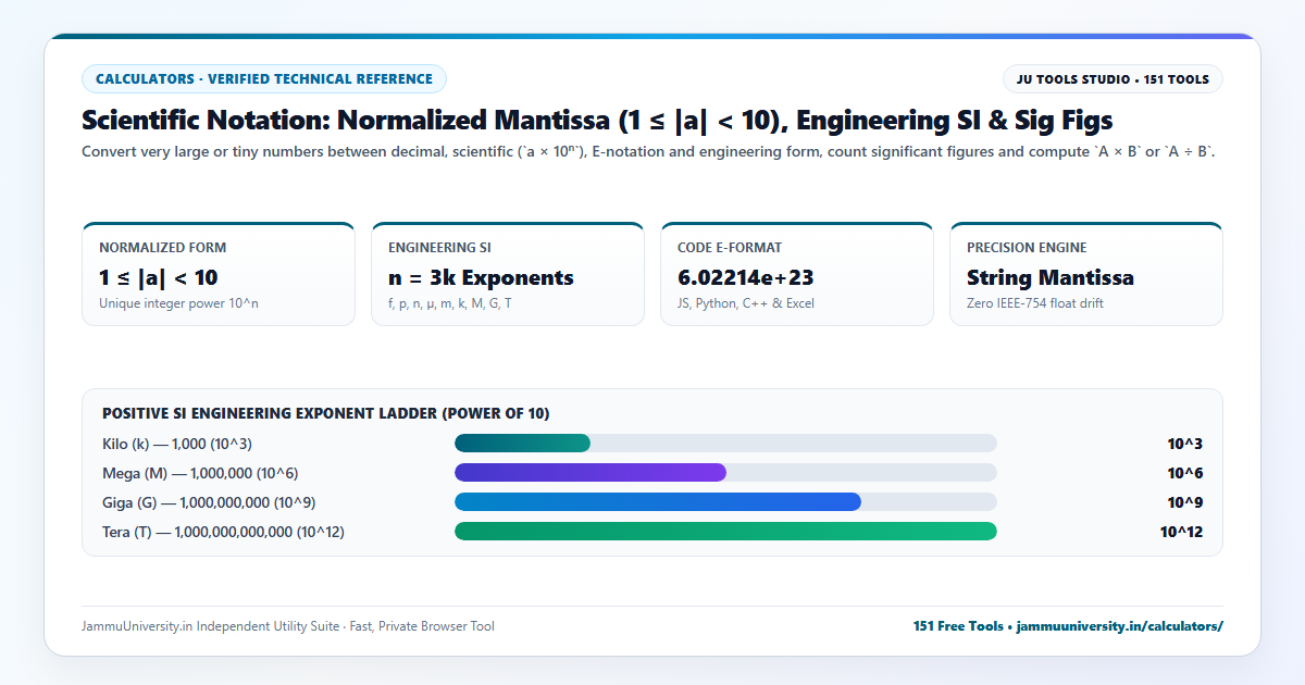 Scientific Notation infographic illustrating standard form calculator, numbers to scientific notation, math notation tool and chemistry math solver benchmarks