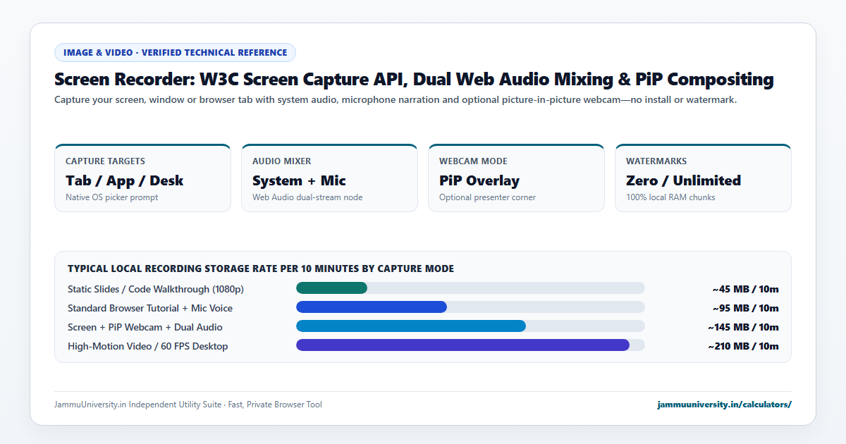 Screen Recorder infographic illustrating online screen capture, record screen free, screen recording tool and capture browser window benchmarks