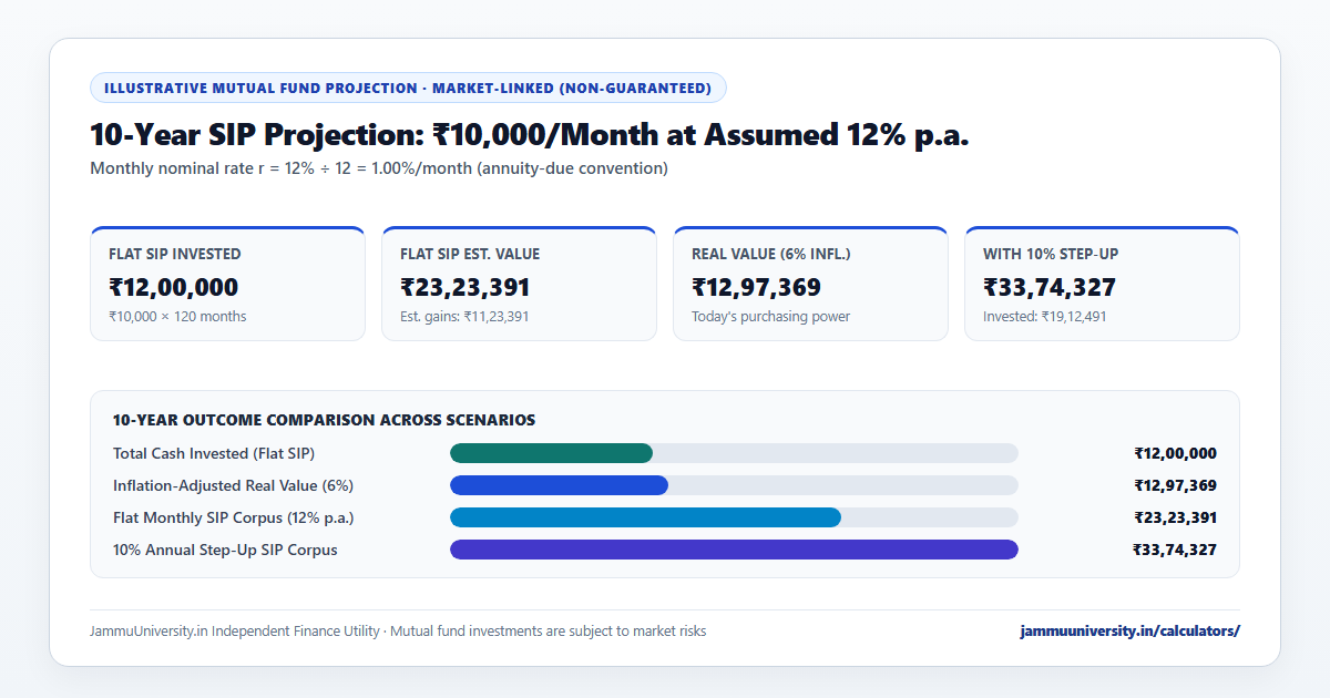 SIP Calculator online chart comparing mutual fund sip calculator, step up sip calculator and sip return calculator 10-year projections
