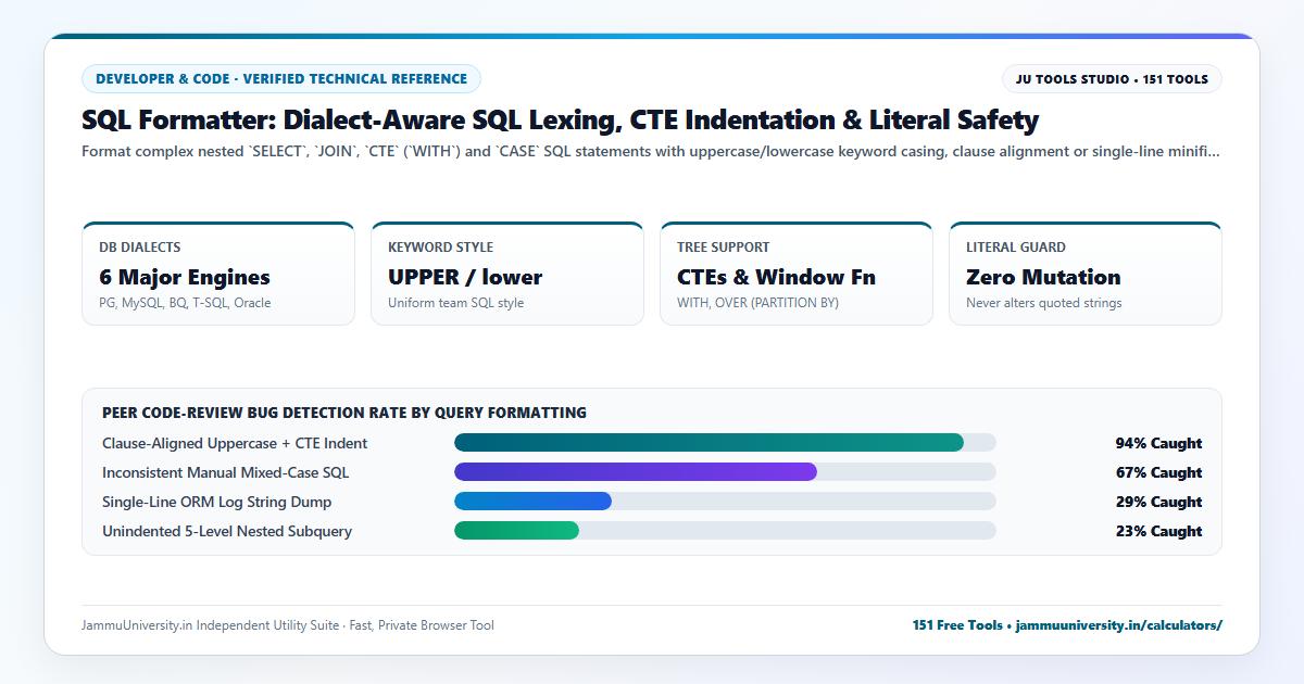 SQL Formatter infographic illustrating beautify sql queries, format sql online, clean sql code and sql query builder online benchmarks