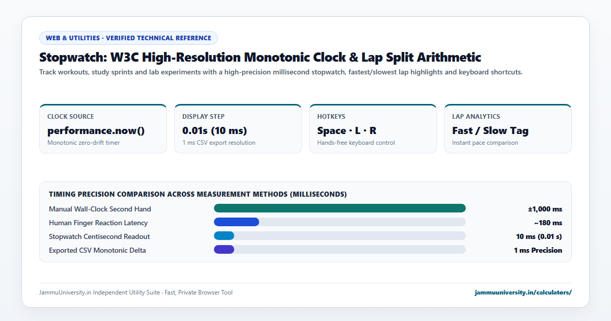 Stopwatch infographic illustrating online stopwatch, split timer, lap timer and digital stopwatch benchmarks