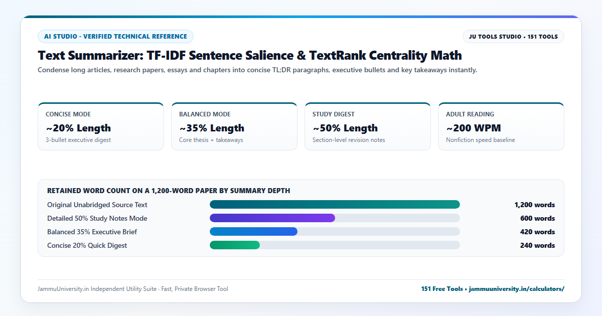 Text Summarizer infographic illustrating tldr tool, ai summarizer, article summarizer and shorten text benchmarks