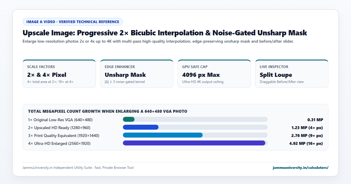 Upscale Image infographic illustrating enhance photo quality, AI image upscaler, increase image resolution and make blurry picture clear benchmarks
