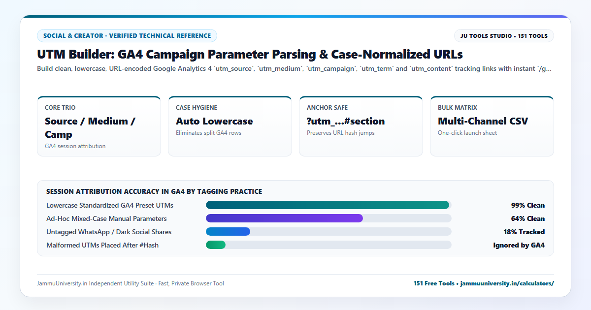 UTM Builder infographic illustrating campaign url builder, google analytics utm, tracking link generator and custom url tracking benchmarks