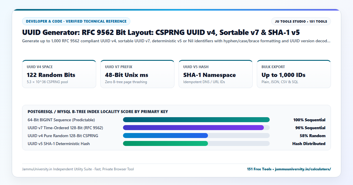 UUID Generator infographic illustrating generate guid, random uuid, version 4 uuid and unique identifier generator benchmarks