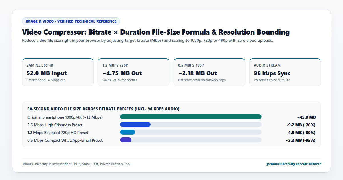 Video Compressor infographic illustrating reduce video size, compress mp4, shrink video and video optimizer benchmarks