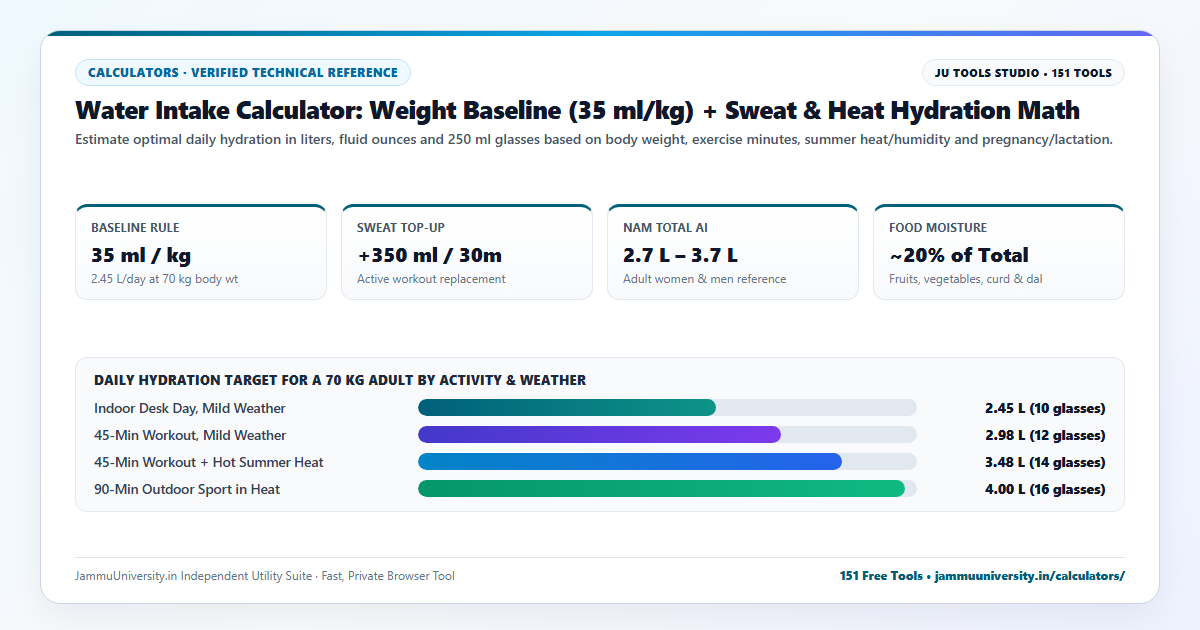 Water Intake Calculator infographic illustrating hydration calculator, how much water to drink, daily water requirement and weight to water calculator benchmarks