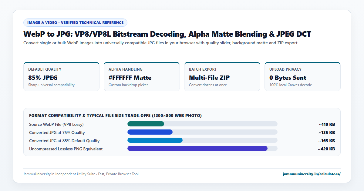 WebP to JPG infographic illustrating convert webp to jpeg, webp converter online, save webp as jpg and image format converter benchmarks