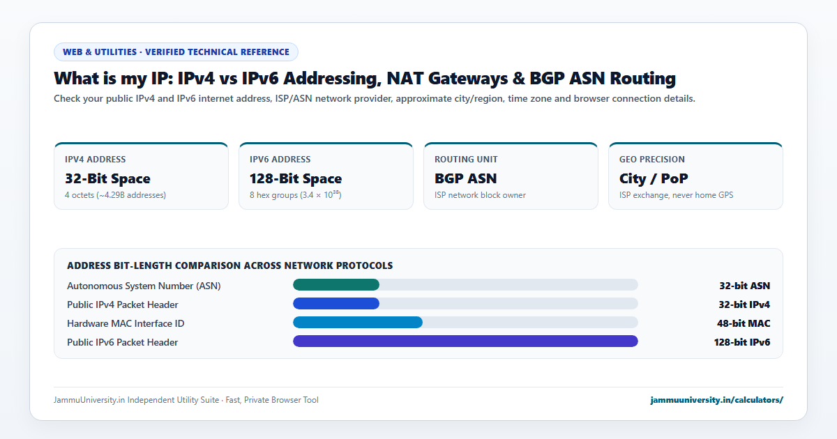 What is my IP infographic illustrating ipv4 address, public ip address, network ip address and wifi ip address benchmarks